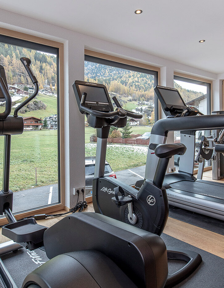 Fitnessraum mit Laufbändern, Heimtrainern und Crosstrainern, die zu großen Fenstern hin ausgerichtet sind, durch die man auf eine Wiese und Bäume blickt.