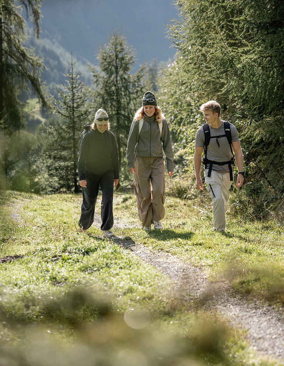 Drei Personen in Outdoor-Kleidung wandern auf einem grasbewachsenen Pfad durch ein Waldgebiet, im Hintergrund sind Bäume und Berge zu sehen.