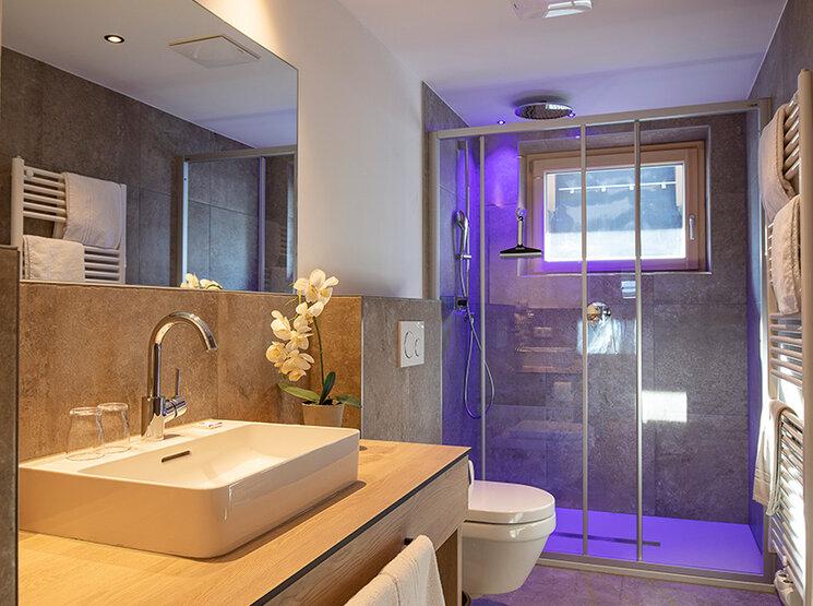 Modernes Badezimmer mit einem großen Spiegel, einem Aufsatzwaschbecken auf einem Waschtisch aus Holz, einer begehbaren Dusche mit Glastüren und violetter Beleuchtung im Duschbereich. Neutrale Fliesen an Boden und Wänden.