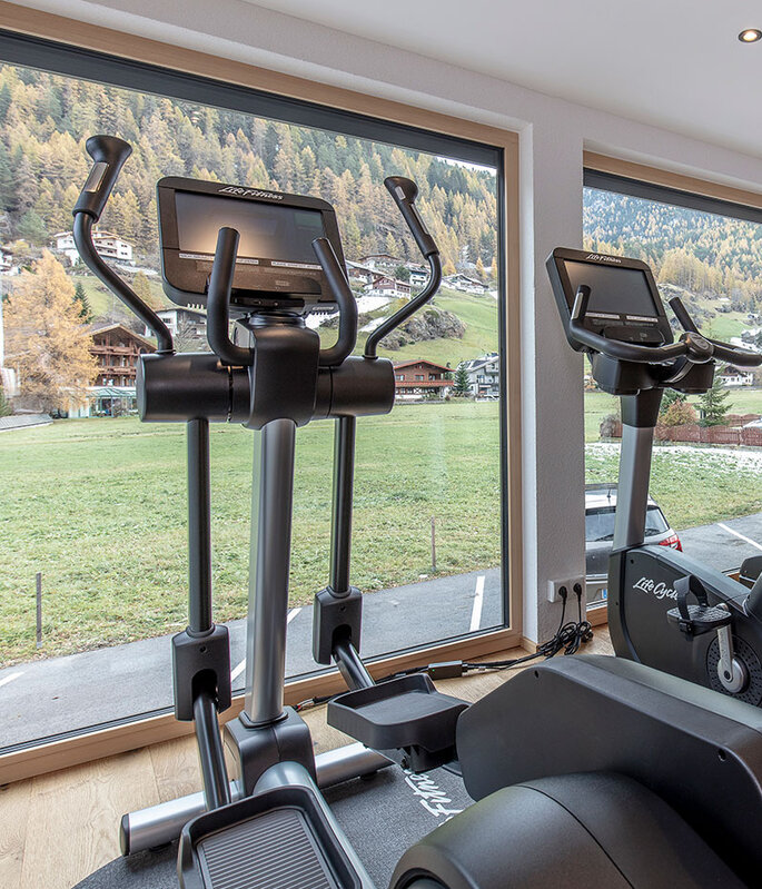 Ein modernes Fitnessstudio mit großen Fenstern, die einen malerischen Blick ins Freie bieten, ausgestattet mit zwei Crosstrainern, einem Heimtrainer und einem Laufband auf einem Holzboden.