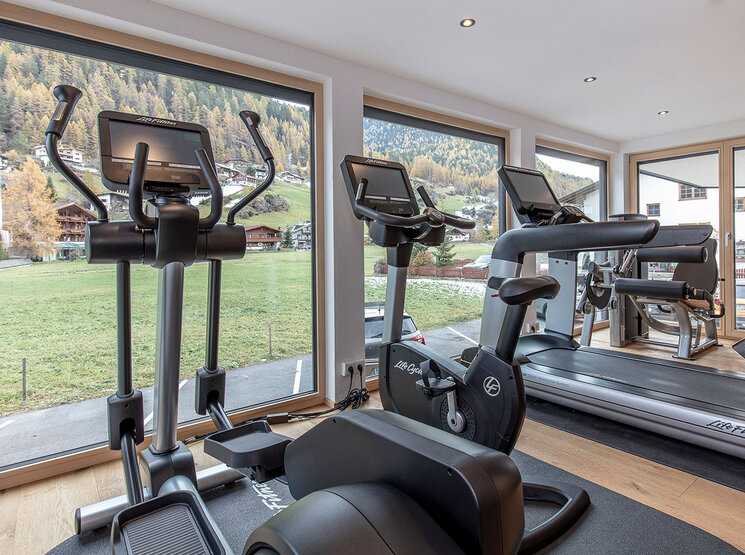 Ein modernes Fitnessstudio mit großen Fenstern, die einen malerischen Blick ins Freie bieten, ausgestattet mit zwei Crosstrainern, einem Heimtrainer und einem Laufband auf einem Holzboden.