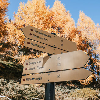 Gelbe Wanderwegschilder mit schwarzer und roter Beschriftung weisen in verschiedene Richtungen und heben sich vor dem Hintergrund herbstlicher Bäume mit orangefarbenen Blättern und einem strahlend blauen Himmel ab. Auf den Schildern sind Ziele wie Hochsölden, Rettenbach Alm und Hühnersteign angegeben.