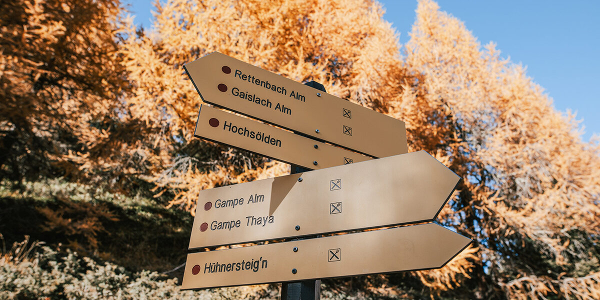 Eine Nahaufnahme eines in alle Richtungen weisenden Wanderwegweisers mit gelben Schildern in deutscher Sprache, vor dem Hintergrund herbstlicher Bäume mit orangefarbenen Blättern unter einem strahlend blauen Himmel.