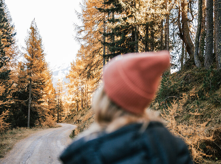 Eine Person mit einer rosa Mütze und einer dunklen Jacke geht einen Feldweg durch einen Wald mit herbstlich gefärbten Bäumen entlang und blickt dabei nach vorne. Die Szene wirkt hell und friedlich.