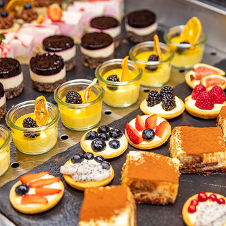 Eine Auswahl an Desserts, darunter Obsttörtchen, Tiramisu-Quadrate, Mini-Käsekuchen und Mousse-Törtchen, garniert mit frischen Früchten und Schokolade, präsentiert auf einer schwarzen Platte.