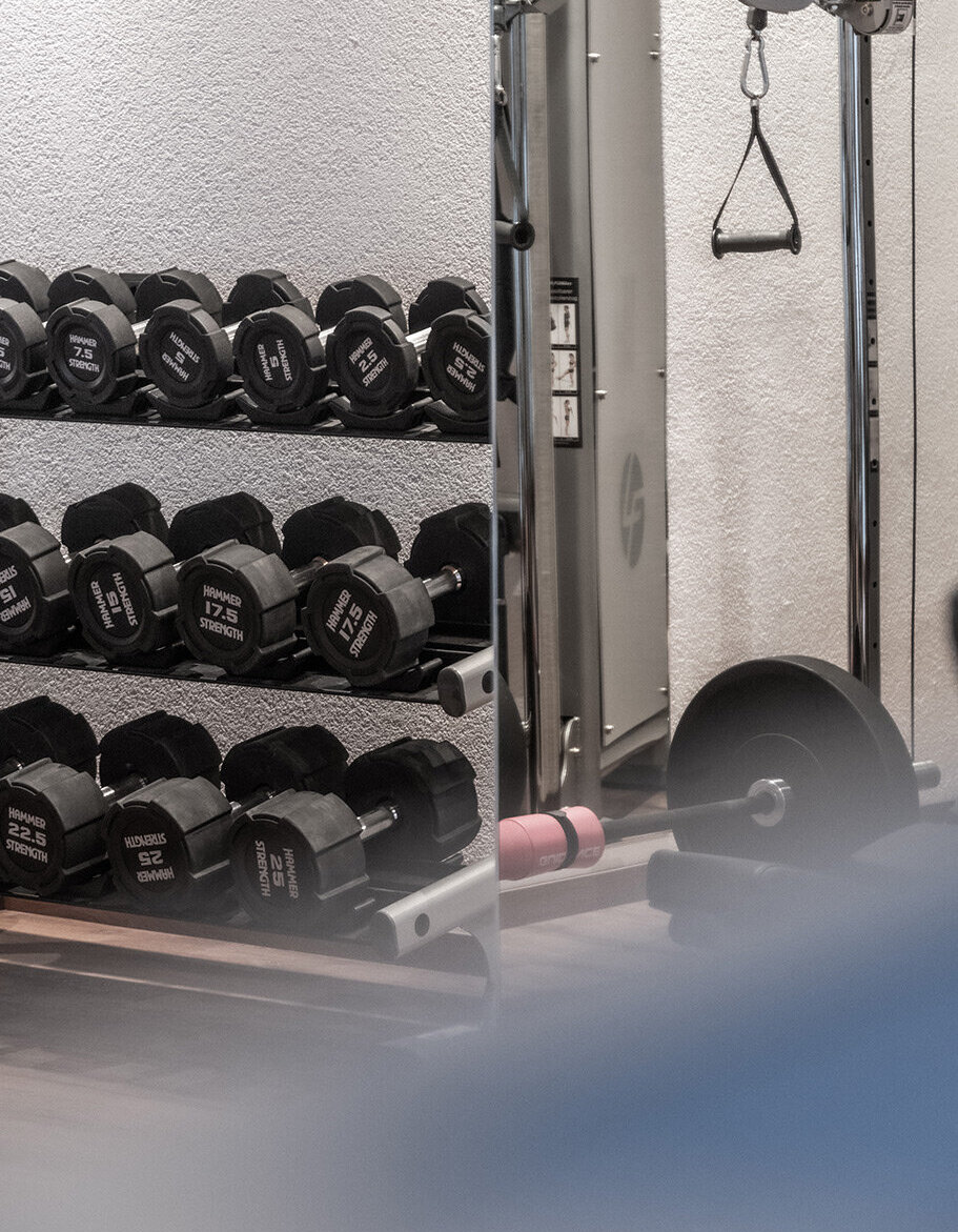 Ein Fitnessstudio mit einem Gestell mit schwarzen Hanteln, einer Kabelzugmaschine und einer Langhantel mit Hantelscheiben auf dem Boden. Die Wand im Hintergrund ist hell.